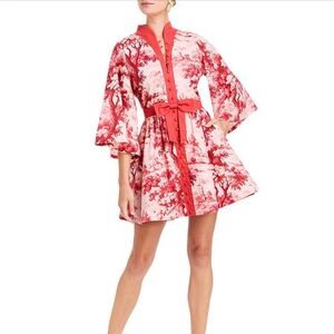 Mestiza Carmen Linen Cherry Blossom Print Mandarin Collar 3/4 Full sleeve a-line